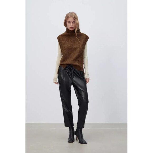Zara Faux Leather Pants Black S The Weekend Ankle Elastic Waist Pleats - Picture 4 of 11